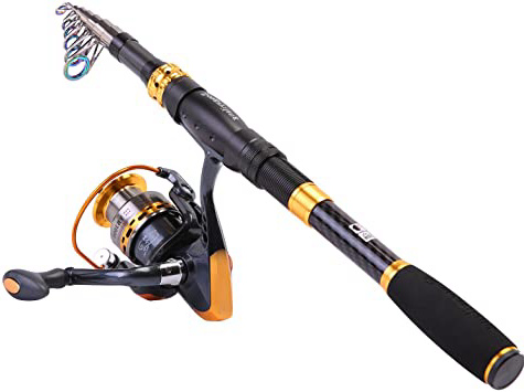 Sougayilang - Carrete de caña de Pescar telescópico de Fibra de Carbono con Carrete Giratorio para Viajes en Agua Salada y Pesca de Agua Dulce