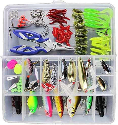 Vicloon Señuelos de Pesca, 120 Piezas Kits de Señuelos Pesca Accesorios Cebos Artificiales Articulos de Pesca Incluido la Caja Tackle, Ganchos, Tijeras, Cebos, Popper, Grillos y más