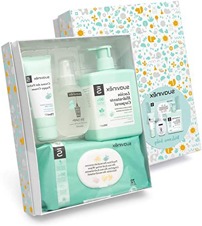 Suavinex – Canastilla de cosmética para bebé/Canastilla de regalo para recién nacido. Crema pañal 75ml + Loción hidratante corporal 500ml + Fragancia Baby Cologne 100ml + Toallitas 72 ud. Color azul