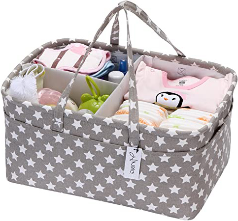 Hinwo - Cesta para pañales de bebé, 3 compartimentos, organizador portátil para el coche, cesta de regalo para recién nacidos, con divisor desmontable y 10 bolsillos invisibles pañales y toallitas