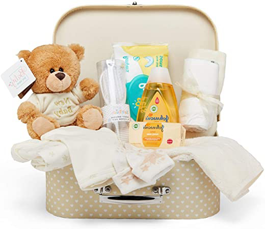 Baby Box Shop - Cesta regalo bebé para baby shower con todo lo esencial para bebes recién nacidos con osito de peluche y caja de recuerdos neutra