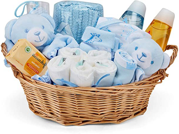 Baby Box Shop - Cesta regalo bebé niño con ropa de bebé - Artículos esenciales para niños recién nacidos - Manta de bebé - Doudou y sonajero de unicornio azul