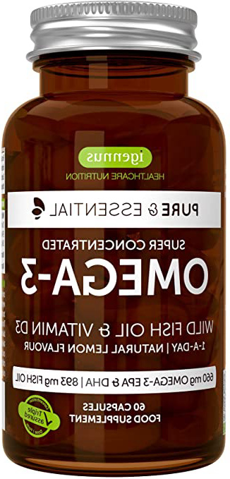 Pure & Essential Aceite de Pescado Salvaje Omega-3 410 mg EPA y 250 mg DHA por cápsula y Vitamina D3, sabor a limón, 60 cápsulas