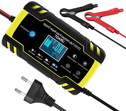 URAQT Cargador Baterias Coches, 8A 12V/24V Mantenimiento Automático e Inteligente Múltiples Protecciones LCD y Botón de la Pantalla Táctil para Automóvile, Motocicleta, ATVs, RVs, Powersports, Barco