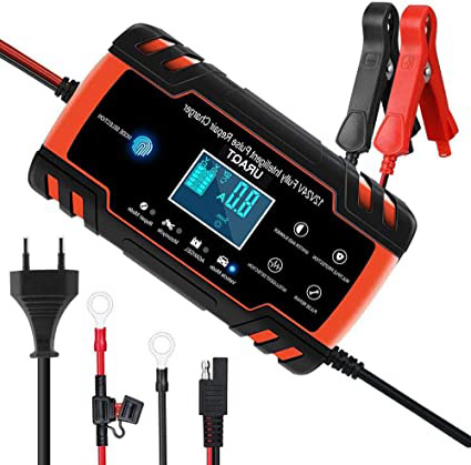 URAQT Cargador de Baterias de Coches, 8A 12V/24V Mantenimiento Automático e Inteligente con Múltiples Protecciones, LCD y Botón de la Pantalla Táctil para Auto, Moto, ATVs, RVs, Barco (Rojo)