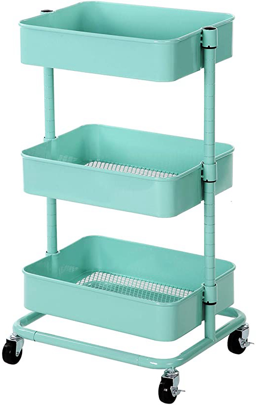 SONGMICS Carro de Almacenamiento de 3 Niveles, Estantería con Ruedas, con Estantes Ajustables en Altura, con 2 Frenos, Montaje Sencillo, para Baño, Cocina, Oficina, Verde Menta BSC60M