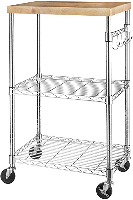 AmazonBasics - Carrito con ruedas para microondas, Madera/Cromado