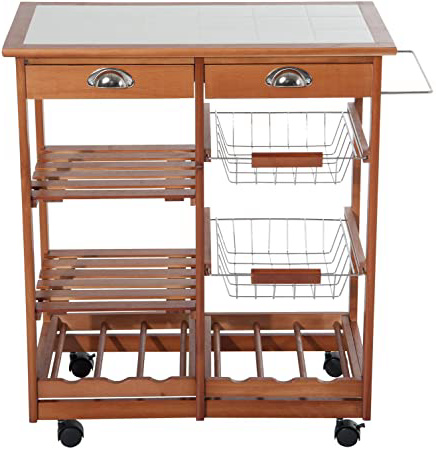 HOMCOM 2454140031 carrito cocina servicio auxiliar madera metal cromado ruedas cajon botellero