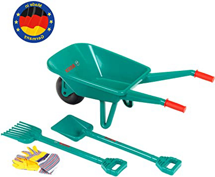 Theo Klein 2752 Set de jardinería con carretilla Bosch, Con pala, rastrillo y guantes de trabajo, a partir de 3 años, 70,5 cm x 34 cm x 33 cm