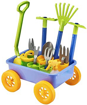 deAO Carretilla y Herramientas de Jardín para Niños y Niñas Juego de Botánica y Jardinería Infantil Conjunto Incluye 10 Accesorios y 4 Macetas