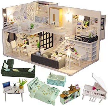 CUTEBEE Miniatura de la casa de muñecas con Muebles, Equipo de casa de muñecas de Madera DIY, más Resistente al Polvo y el Movimiento de música