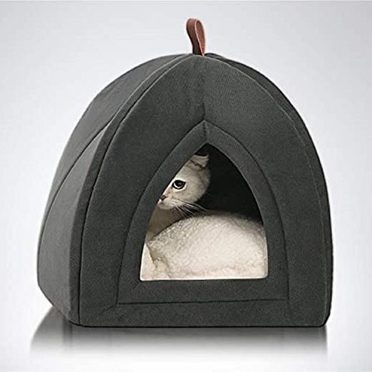 Bedsure Cama Gato Cueva Suave - Casa Gato Mediano Lavable con Cojín Desenfundable y Extraíble, Camas para Perros Pequeños 35x35x38cm, Gris Oscuro