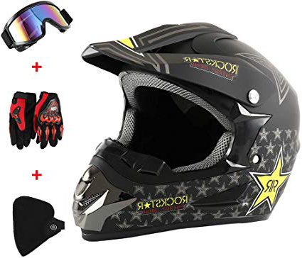 Dightyoho Casco para Motocross, 4pcs Juego de Casco de Moto + Gafas + Guantes de Motocicleta + Mascarilla, para Hombre Mujer, 34 * 25cm (Rockstar)