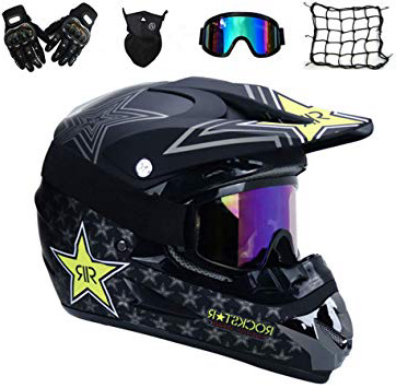 MRDEAR Casco Descenso Hombre, Negro/Rockstar - Adulto Casco Motocross Enduro MTB con Gafas/Máscara/Guantes/Red Elástica, Casco Cross Quad Off Road ATV Scooter