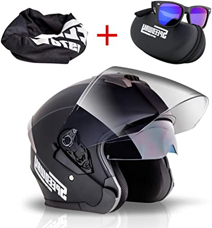 SPEEDWAY 1970 Casco Moto Jet ECE y Dot Homologado - Lena Casco Moto Abierto Custom Scooter para Mujer Hombre Adultos con Doble Visera-Negro Mate y Blanco (S, Negro-Mate)