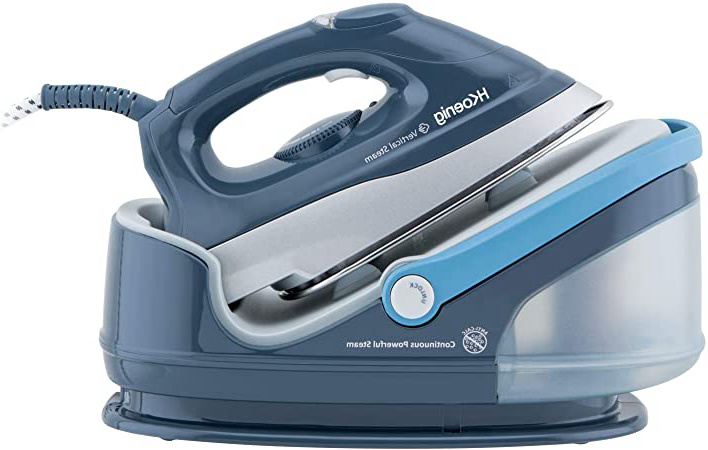H.Koenig V5i Centro de Planchado 2400W, 100 g/min, 6 Bares, Plancha con Suela de Cerámica, Depósito de Agua extraíble 1.7L, Autonomía Ilimitada, Control Manual de la Temperatura, Profesional, Azul