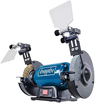 SCHEPPACH SM150LB Amoladora de Banco Mixta con Discos ásperos de Lijado y Cepillo de Aluminio e iluminación LED, 400W de potencia, Azul