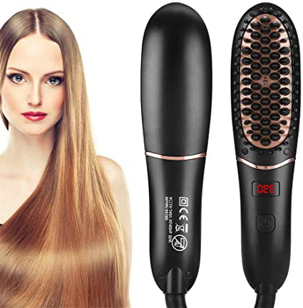 Cepillo alisador de pelo,Cepillo alisador de cabello iónico Peine Alisador de Cabello de cerámica Calentamiento de 30 s con pantalla LED 5 temperaturas ajustables Cepillo de peinado calentado