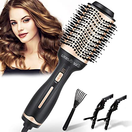 Dee Banna - Cepillo de aire caliente, secador de pelo y volumen eléctrico 4 en 1, cepillo de aire 4 en 1, rizador, peine y plancha para todo tipo de cabello (dorado + negro)