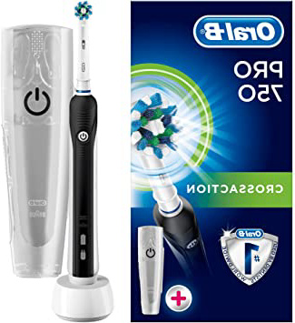 Oral-B Pro 750 CrossAction Cepillo eléctrico recargable, 1 mango rosa, 1 cabezal recambio, funda de viaje de plástico, color blanca