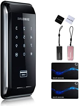 Cerradura de puerta inteligente Samsung SHS-2920 EX + 6 tarjetas RF, interfaz y manual en inglés, grosor compatible con puertas de 38 – 80 mm