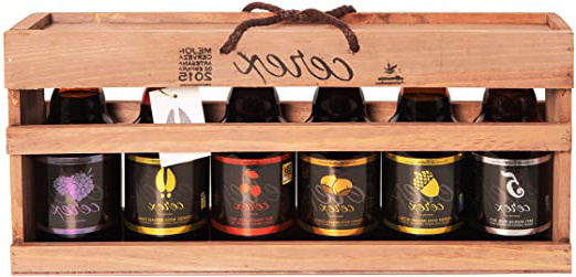 EREX- Pack Degustación de 6 Cervezas Artesanas Españolas con caja regalo de presentación en madera – Cerveza de Cereza, Castaña, Ibérica de Bellota, Pilsen, Frambuesa y Andares