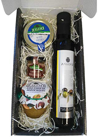 Cesta de productos gourmet para Navidad con aceite de oliva virgen extra 250 ml en vidrio, crema de queso de oveja natural 110 g, paté ibérico DELIEX en formato de 30 g y mermelada de naranja