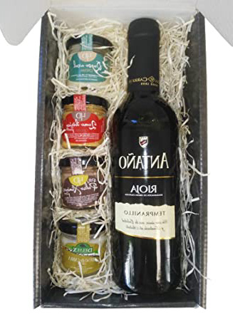 Cesta Gourmet Deliex con Vino Rioja Antaño de 37,5 cl, 2 patés de Lomo Ibérico 30 g y Paté al Pedro Ximénez 30 g, 2 Cremas de Queso de Cabra Deliex y Queso Azul Deliex.