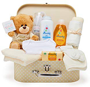 Baby Box Shop - Cesta regalo bebé para baby shower con todo lo esencial para bebes recién nacidos con osito de peluche y caja de recuerdos neutra