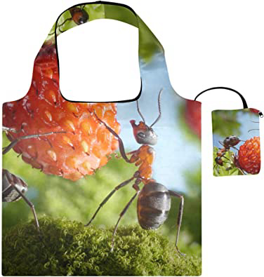 XiangHeFu Bolsas de compras reutilizables para regalo de comestibles Bolsas de gran capacidad plegables, las hormigas recolectan fresas Trabajo en equipo