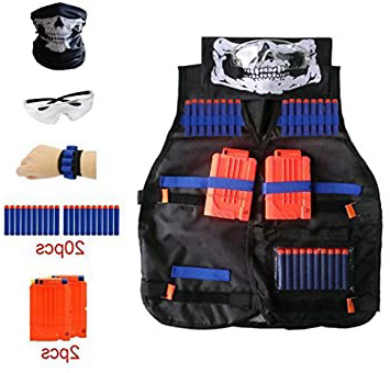 Locisne Chaleco táctico para niños Traje de chaqueta para serie de élite Nerf Toy Gun N-Strike(20 piezas de espuma Dardos+Gafas protectoras+Máscara de calavera+2pcs 6-dart Recargar Clip+1pcs 8 dart)
