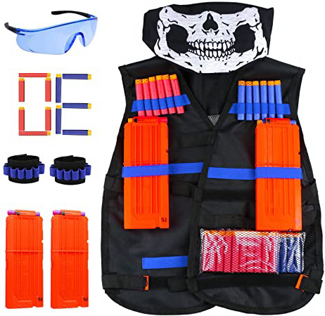 RATEL Kit de Chaleco Táctico para Niños, 37pcs Traje de chaqueta para N-Strike Elite Series con 30 piezas de espuma Dardos + 2 Quick Reload Clips + 1 Gafas protectoras + 1 Máscara + 2 muñequera