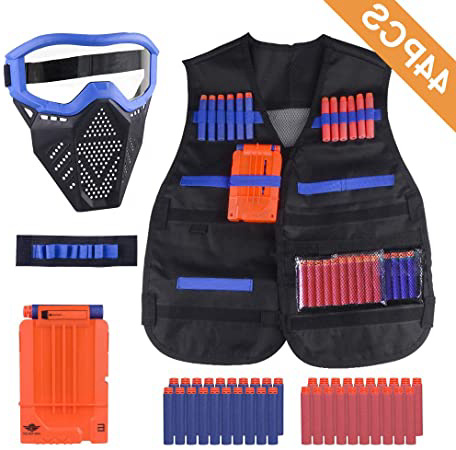 OFUN Táctico para Niños 44pcs, Chaleco táctico para niños para Pistolas Nerf N-Strike Elite con 40 Piezas de Balas de Dardos + 1 máscara + 1 Clips de liberación rápida + 1 Pulsera