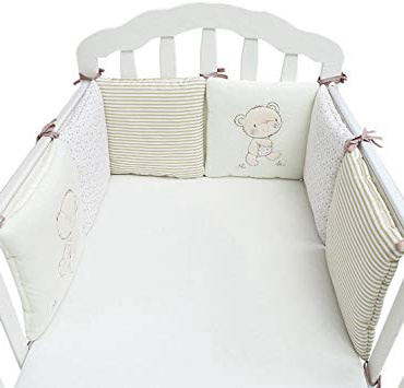 6 Piezas Set de Ropa para Cuna de Algodón, Protector de Cuna para Bebé, Esponjosa y Suave, Bordado de Dibujos Animados 30 * 30 cm Beige