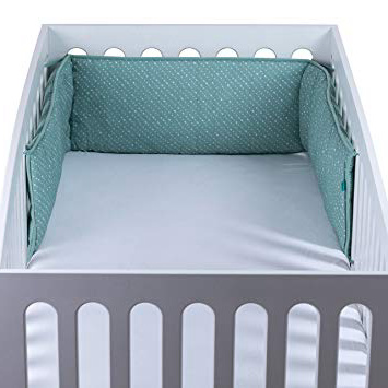 Urban Kanga Protector de Cabeza para Cuna Chichonera Cuna Bebe 100% Algodón Muselina Waffle Piquet (Puntos Verdes)