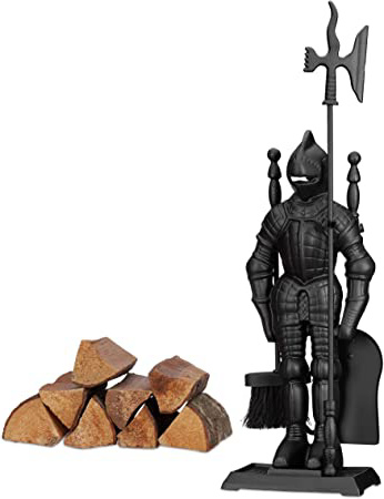 Relaxdays Kit de Accesorios Chimenea, Pala, Escoba & Atizador, Soporte de Hierro Fundido, Negro