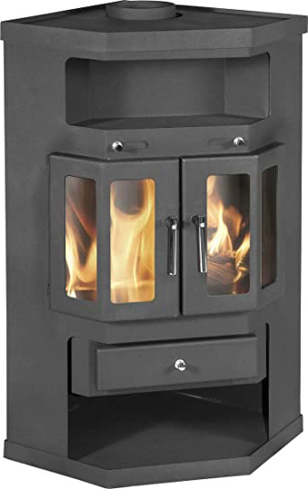 Estufa de leña esquinera modelo tronco quemador 9/14 kw potencia superior salida de chimenea 2 puertas