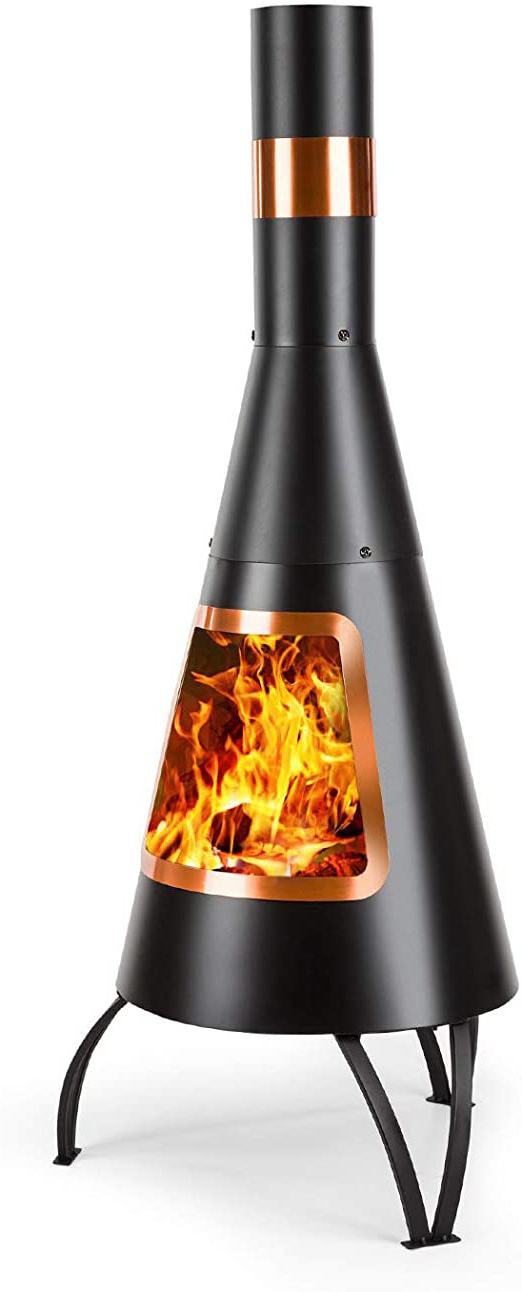 blumfeldt Volantis Cupric - Chimenea de Patio, Horno de terraza, FireView, Acero, Inoxidable, Diseño Moderno con Partes en Cobre, Estable, Antivuelco, Parrila para carbón y atizador, Negro