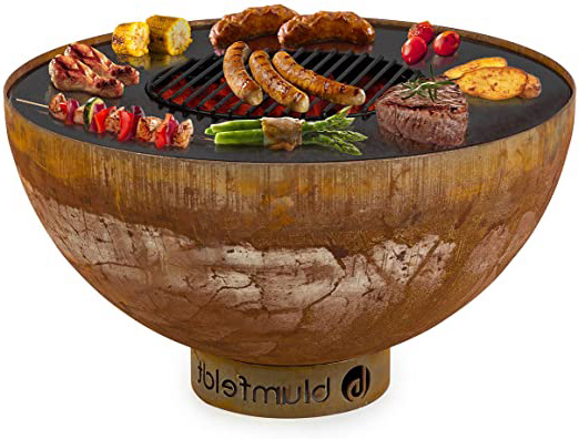 blumfeldt Savage Brasero con Parrilla - Artículo 2 en 1: brasero y Parrilla, Plancha, 60 cm diámetro, Grosor 3 mm, Parrilla para carbón y Funda, Capa de Esmalte, Acero, Diseño Oxidado, Óxido
