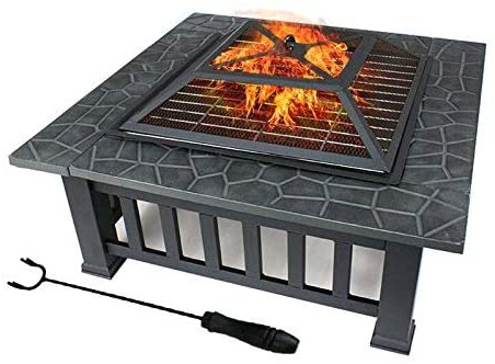 FOBUY Exterior Metal para Aire Libre Brasero 3 en 1 Pozo de fuego / Barbacoa / Cubo de hierro Jardín Patio Playa Terraza Fogón para Jardín Multifuncional BBQ (con Tapa y Malla), Color Negro