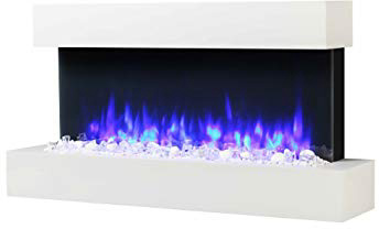 Endeavour Fires, el Runswick: fuego eléctrico montado en la pared, 220/240 Vac, 50 Hz, 1 & 2KW, 7 días de control remoto programable con una repisa de MDF y rodapié blanco.