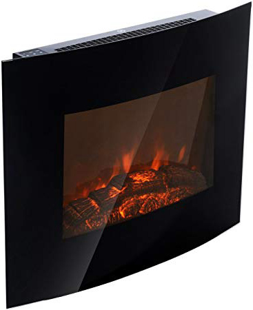 HOMCOM Chimenea Eléctrica Tipo Estufa de Pared con Efecto Leña Ardiendo y Mando a Distancia 900W/1800W 65x11.4x52cm