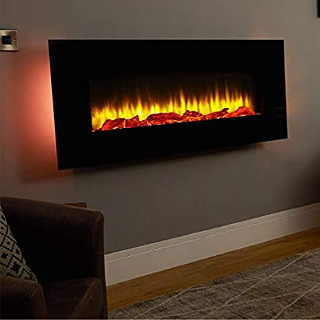 Chimenea eléctrica de pared Holbeck, vidrio plano negro, 1 & 2kW, 7 días Control remoto programable (L 1270mm x H 550mm x W 140mm)