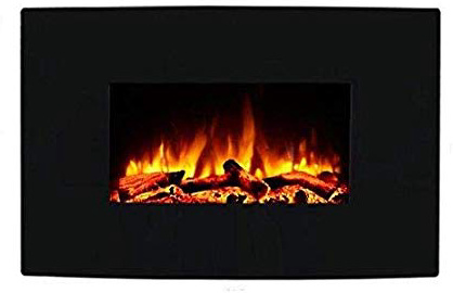 Chimenea eléctrica Egton montado en la pared, vidrio curvado negro, 220/240 Vac,1&2kW, control remoto programable de 7 días (W 910mm x H 580mm x D 180m m)