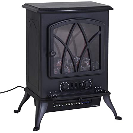 HOMCOM Chimenea Eléctrica Móvil Tipo Estufa de Pie con Efecto de Leña Ardiendo Calefactor 1000W/2000W 45x28x54cm Color Negro
