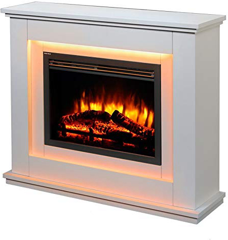 Chimenea eléctrica Castleton Suite de vidrio frente a fuego eléctrico 220/240 Vac, 1 & 2KW, 7 días de control remoto programable en una suite de la chimenea de MDF de crema ligera.