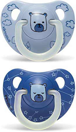 Suavinex - Pack 2 Chupetes 6-18 Meses Day and Night con Anilla Luminiscente. Tetina Anatómica de Látex, Color Azul Diseño Oso
