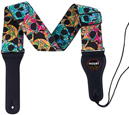 Rayzm Correa de la Guitarra y Bajo, Correa Grande de Algodón para Guitarra Acústica/Eléctrica/bajo con Bolsillo para Púa y Diseño de Calaveras, 6,5cm de Ancho, Longitud Ajustable de 97 a 154cm.