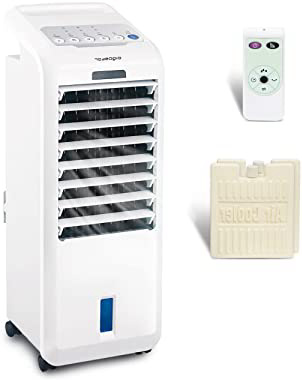 Aigostar Koud 33JTL - Climatizador evaporativo con mando a distancia, 55W, oscilante, 3 modos y 3 velocidades, temporizador 7 h, humidificador de aire, 2 cajas hielo, depósito 5 l. Diseño exclusivo