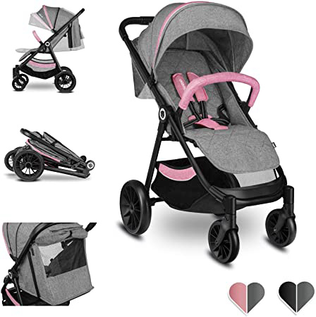 Lionelo Natt – Cochecito de bebé hasta 22 kg con posición reclinable – Reposapiés ajustable XXL – Capota con ventana – Ruedas EVA – Mosquitera plegable (rosa)